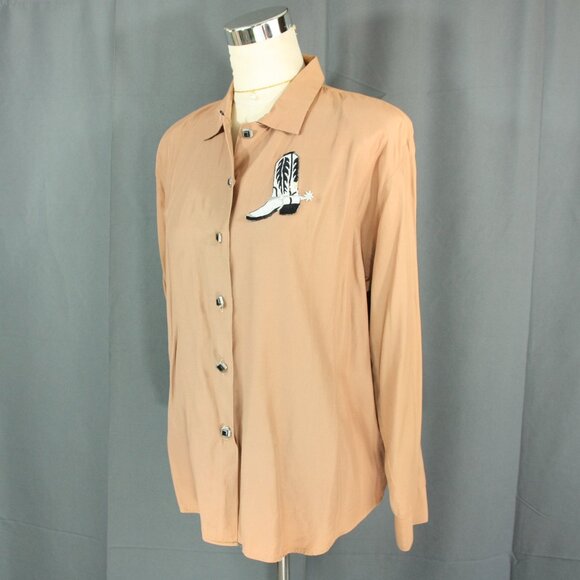 Vintage Fascination Western Cowboy Boot Satin Blouse Button Down M Tan 1980s - Picture 2 of 7